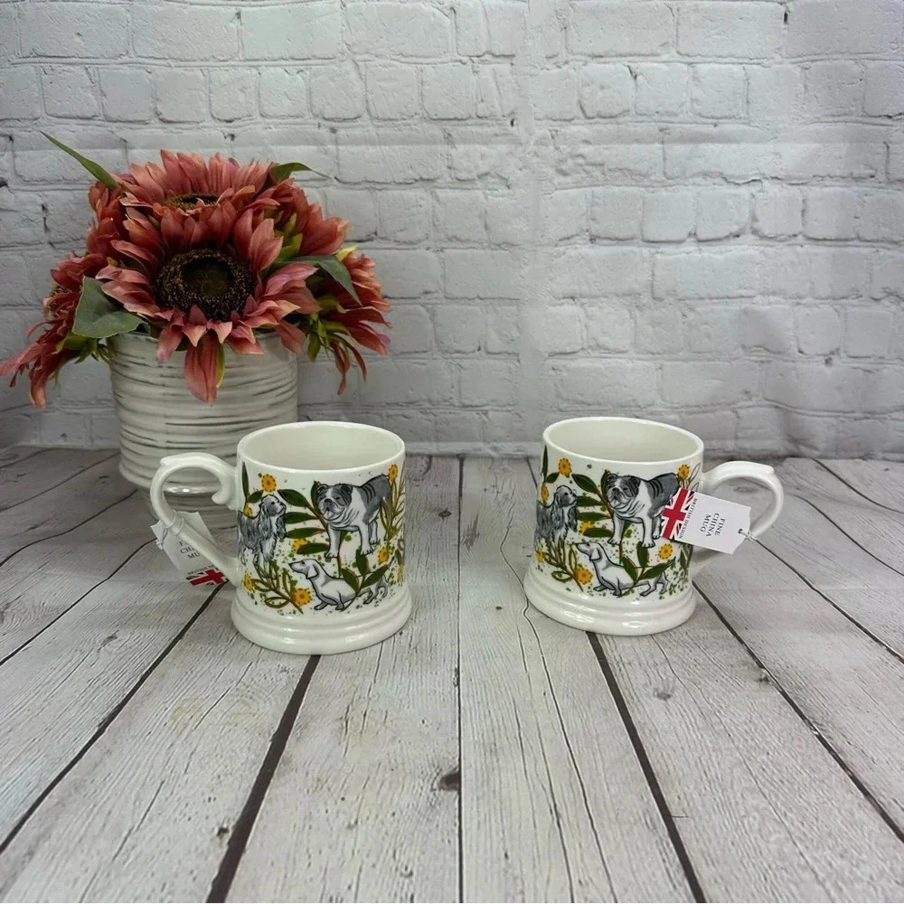 NWT the english mug co. pair of mugs with dogs dachshund bulldog spaniel